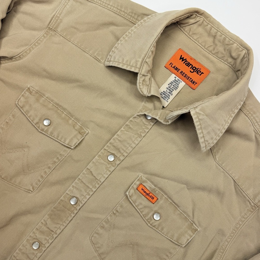 Wrangler FR12140 Flame Resistant Western Snap Work Shirt Mens Large Khaki HRC2